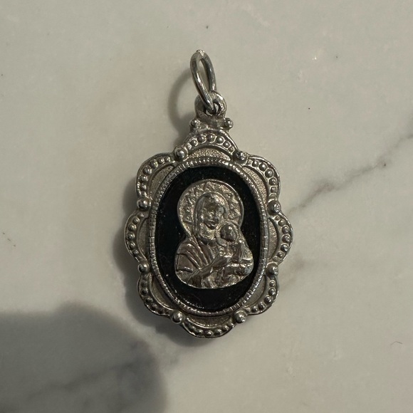 Jewelry - Elegant Silver-tone Madonna Mary Jesus Pendant locket with Black Accents